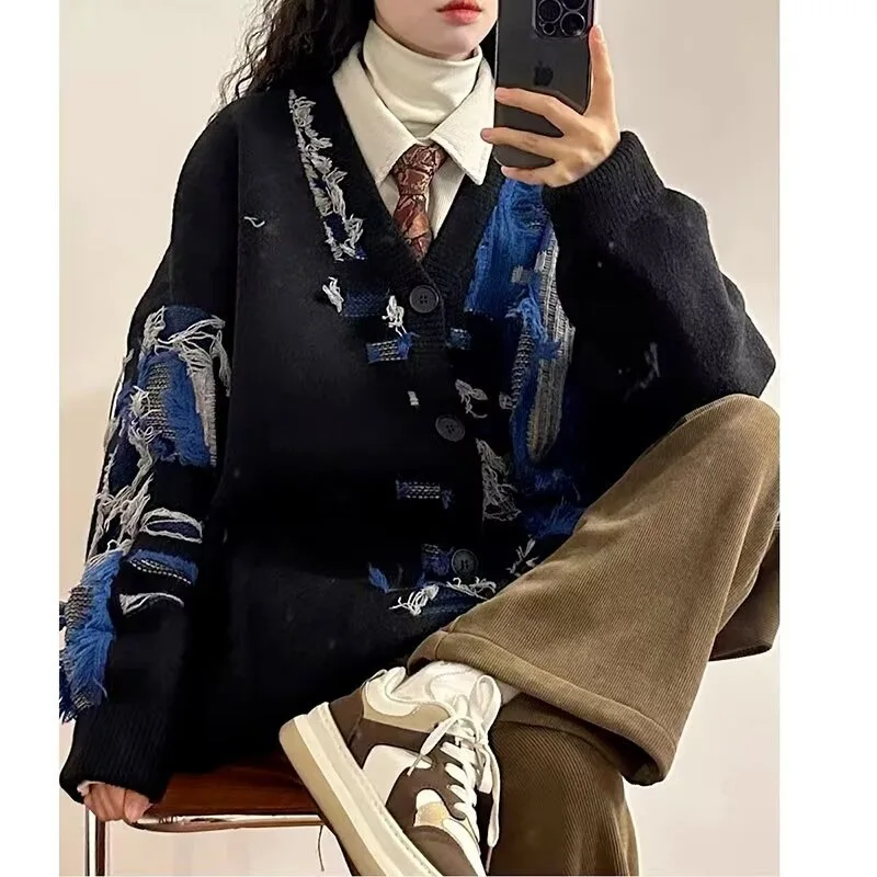 

Women's Knitted Cardigan V-Neck Long Sleeve Geometric Pattern Color Block Retro Boho Loose Fit Casual Loungewear Open Front Coat
