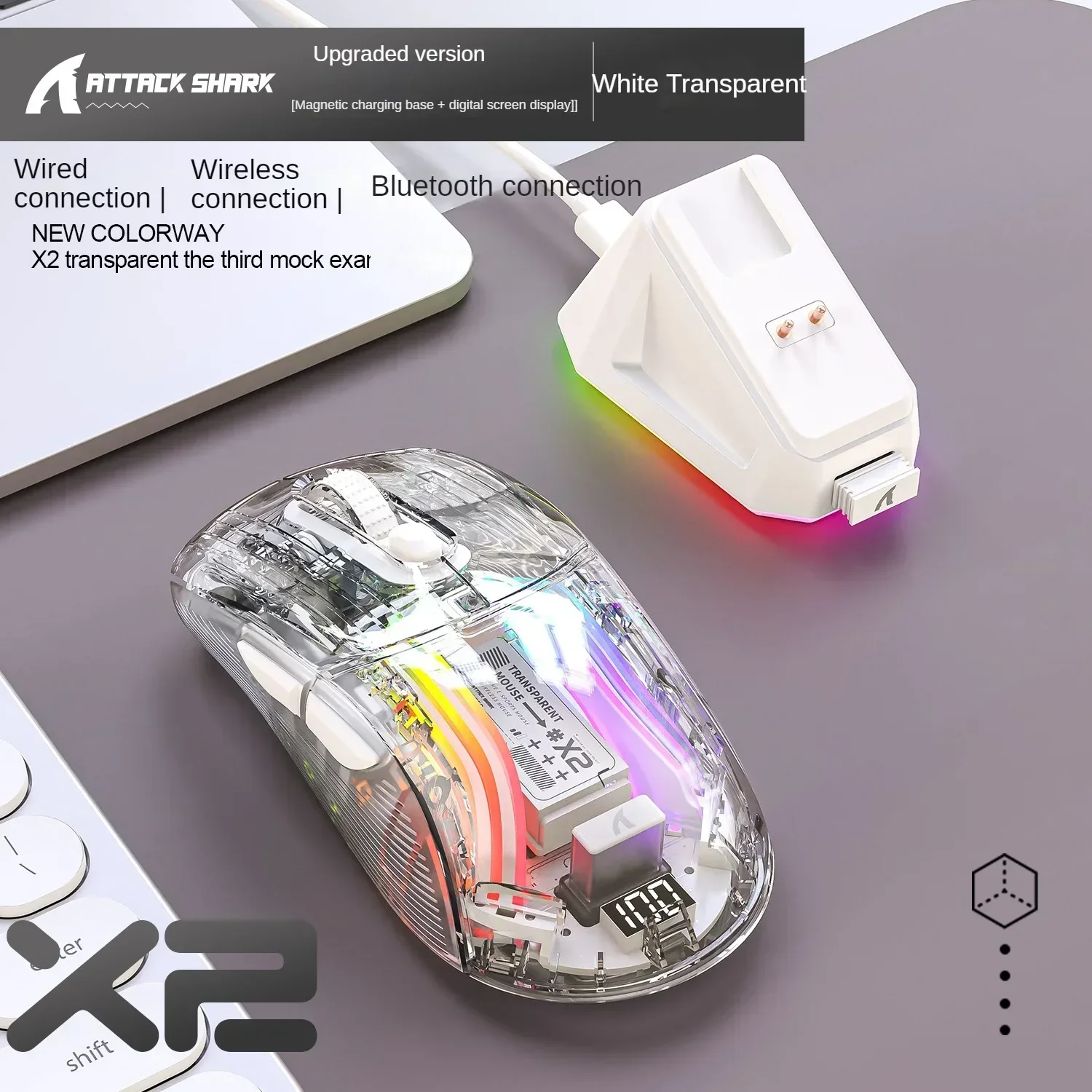 

Attack Shark X2 PRO Mouse RGB Wireless Three Mode Transparent Battery Display Pc Office Gaming Mouse with Magnetic Charging Base