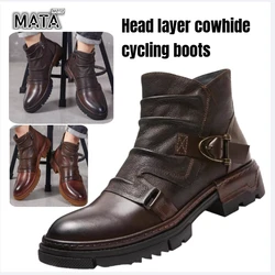 HOT Retro Men's Motorcycle Leather Boots British Style Round Head High Top Shoes Casual Platform Boots Moto Street Gear