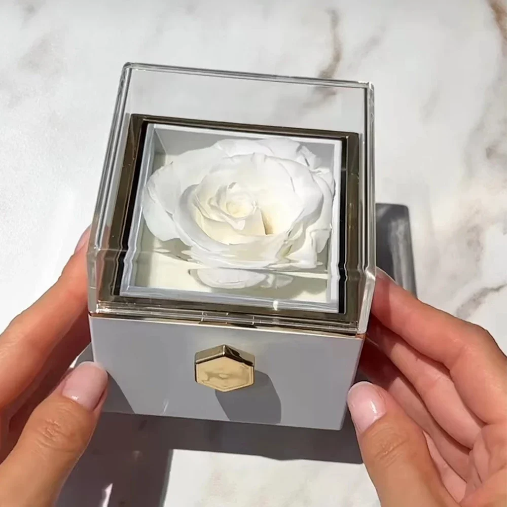 Nueva caja de anillo de joyería de Rosa eterna de San Valentín, caja de almacenamiento giratoria para collar con colgante de boda para mujer, caja