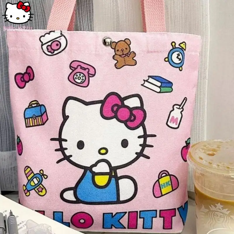 Hello Kitty Tote Bag Sanrio Kawaii Anime Cartoon Fashion Sweet Kawaii Large Canvas Shoulder Bag Girls Student Tutoring Package