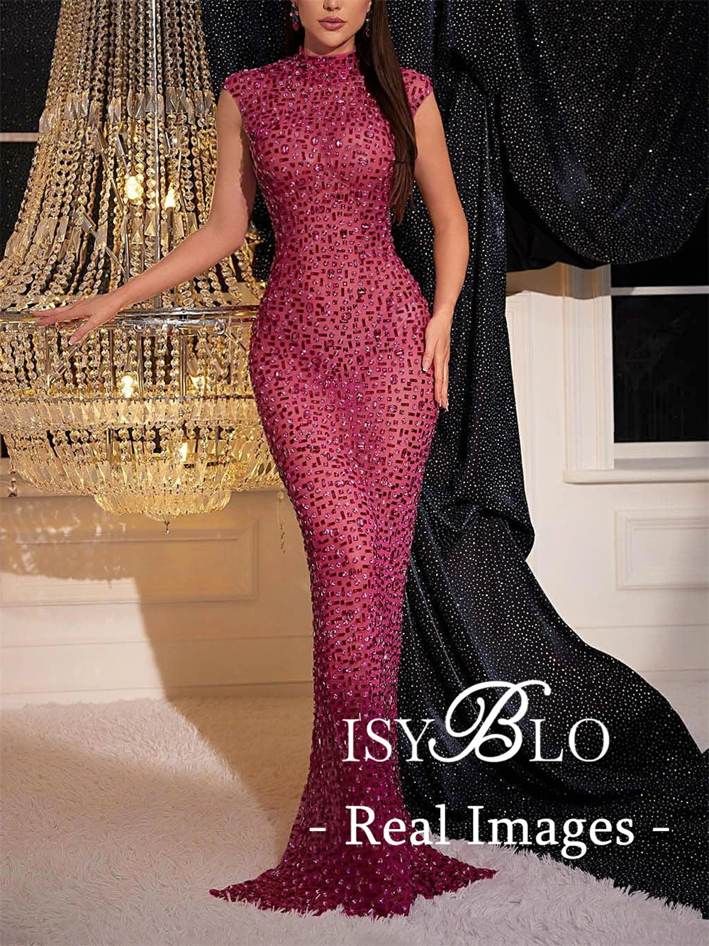 

ISYBLO Illusion Crystals Sheath Maxi Dress for Formal Occasions, Short Cap Sleeves Long Evening Dresses Real Images