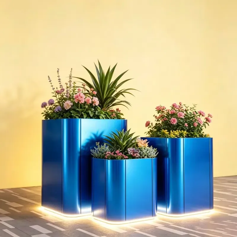 H158 Stainless Steel Planter with Water Tray & Wheels Mobile Leakproof Flower Box for Living Room Balcony Office