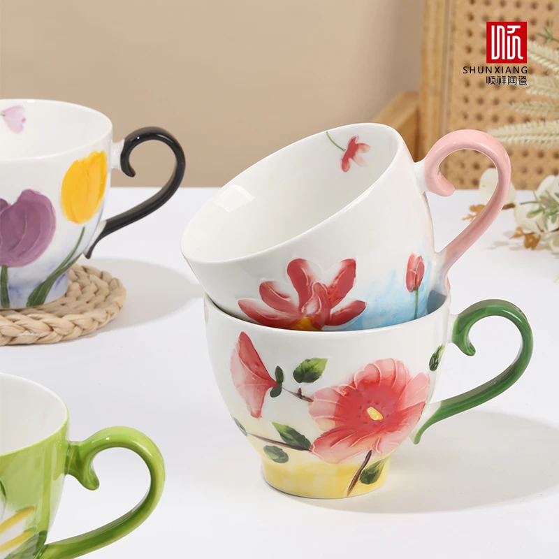 SHUNXIANG Painted Flowers Ceramic Coffee Mug Breakfast Milk Oat Mugs Vintage Flower Pattern Teacup Office Drinking Water Cups