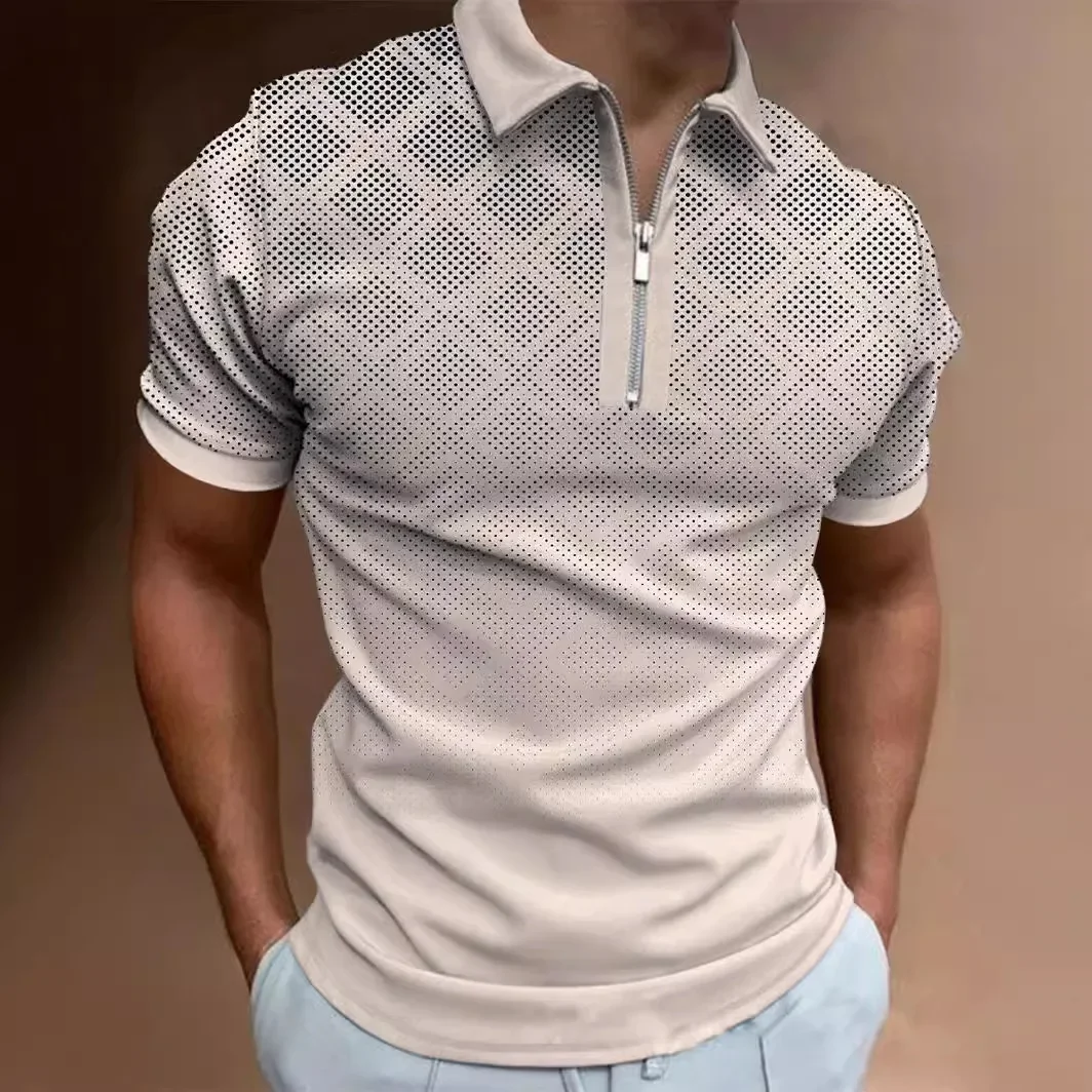 Shirts Men Tops Polo Shirt Short Sleeve Turn Down Collar Zipper Casual Simple Regular Top Splice Print Slim Fit Autumn 2024