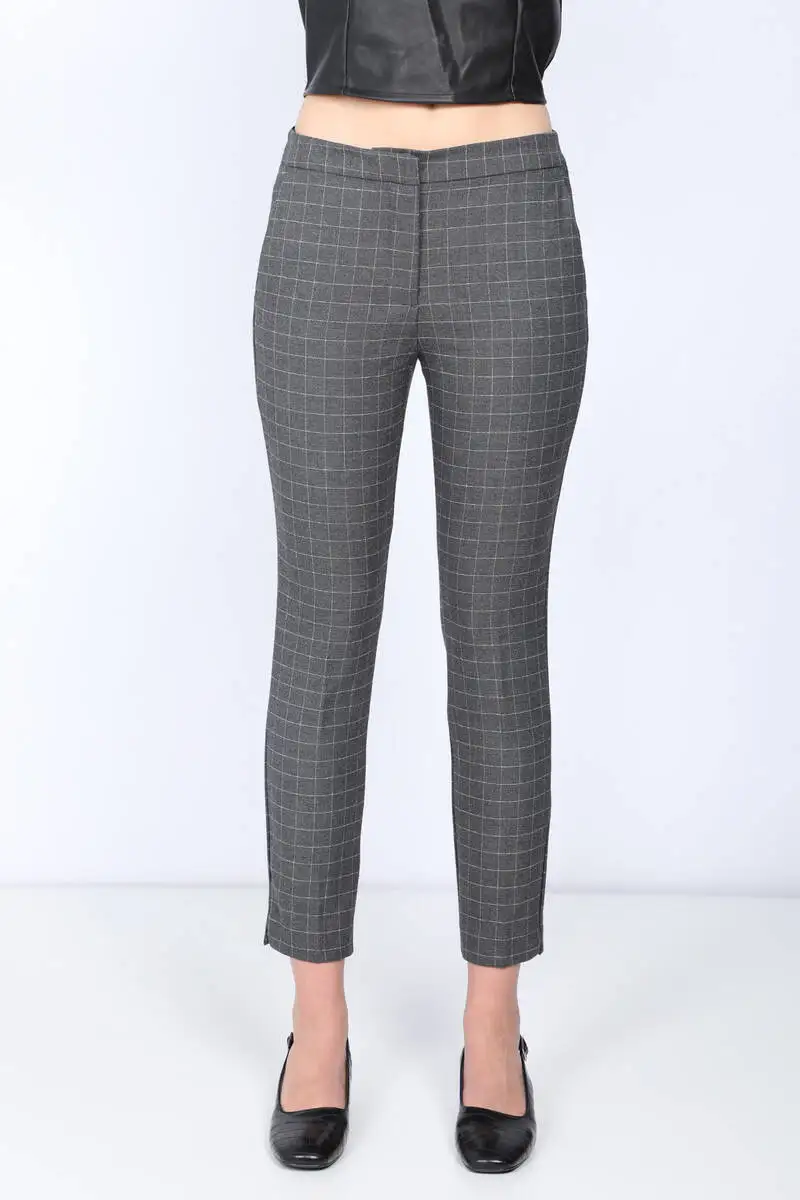 Women's Gray Articulated Wheel Plaid Fabric Pants