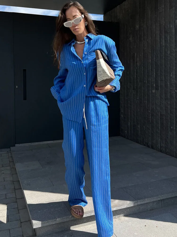 HH レディース ストライプ柄パンツスーツ ファッション ラペル 長袖 ポケット付き シングルブレストブラウス+サマーパジャマ風 ドローストリングパンツ