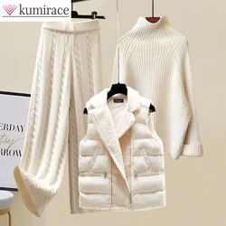 Conjunto de camisola de malha e calças largas para mulheres, conjunto de três peças, colete versátil tamanho grande para outono e inverno, novo, 2024