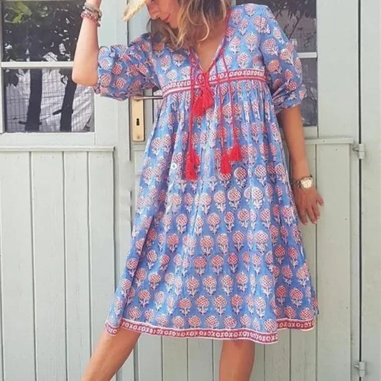 

Tassel Dress 2024 Spring/Summer Women's Fashionable New Print V-Neck Loose and Elegant Commuting Style