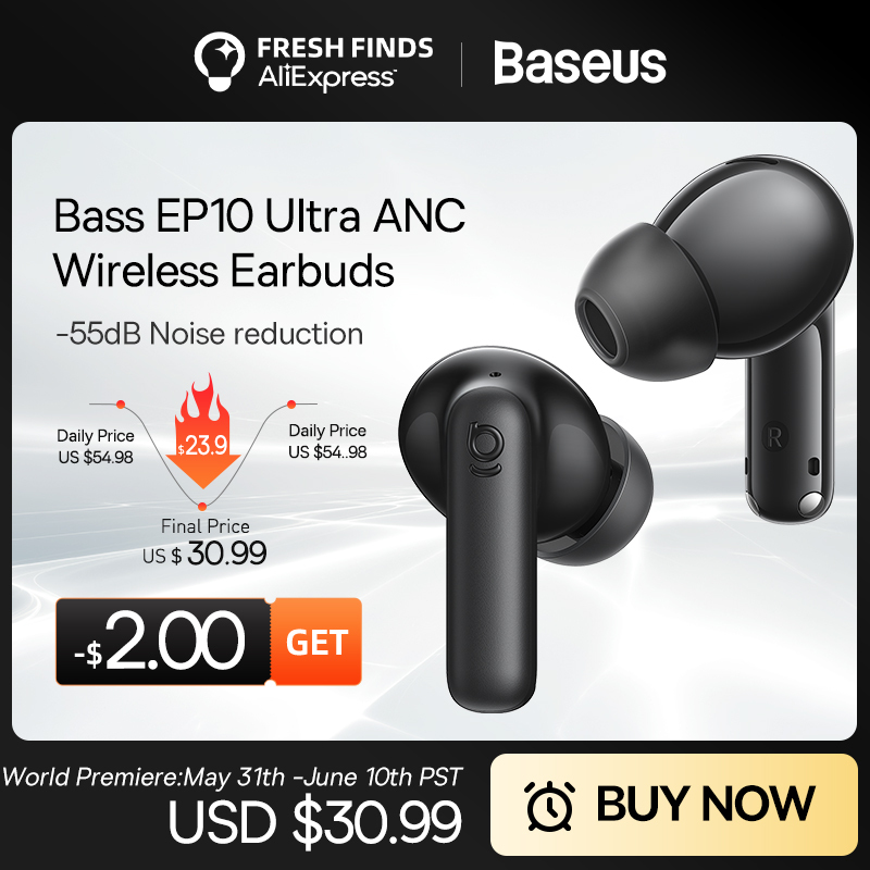  Baseus Bass BP1/EP10 Ultra Adaptive ANC Wireless Earbuds Bluetooth 6.0 Hi-Res Audio 6 Mics Wireless Earphones 65Hrs IP55 