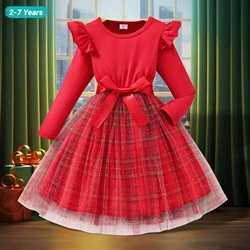 Christmas Kids Girls Dress Long Sleeve Belt Spring Summer Gauze Children Dress Casual Soft Ventilate Baby Girls Clothing 2-7Y