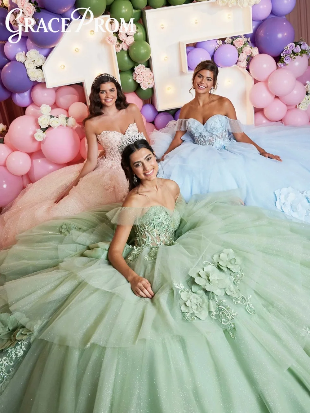 فستان كوينسيانيرا رومانسي بأكمام طويلة وتنورة منفوشة مع تطريز ثلاثي الأبعاد وخرز وقماش شفاف، فستان أنيق باللون الأخضر الفاتح، فساتين لحفلات الخامسة عشر