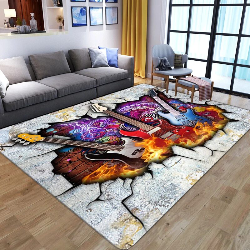 

3D Creative flame guitar Big Carpet For Home Living Room Bedroom Carpet Kids Play Non-slip Bedside Rugs Nordic Kitchen Floor Mat