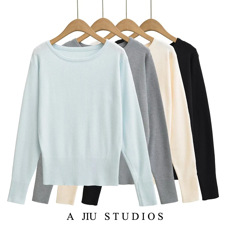 

American Sle Long Sve Knitted Sweater Women's Loose Fit oulder Casual Inner Wear Base irt Vintage Lazy Slimming Top