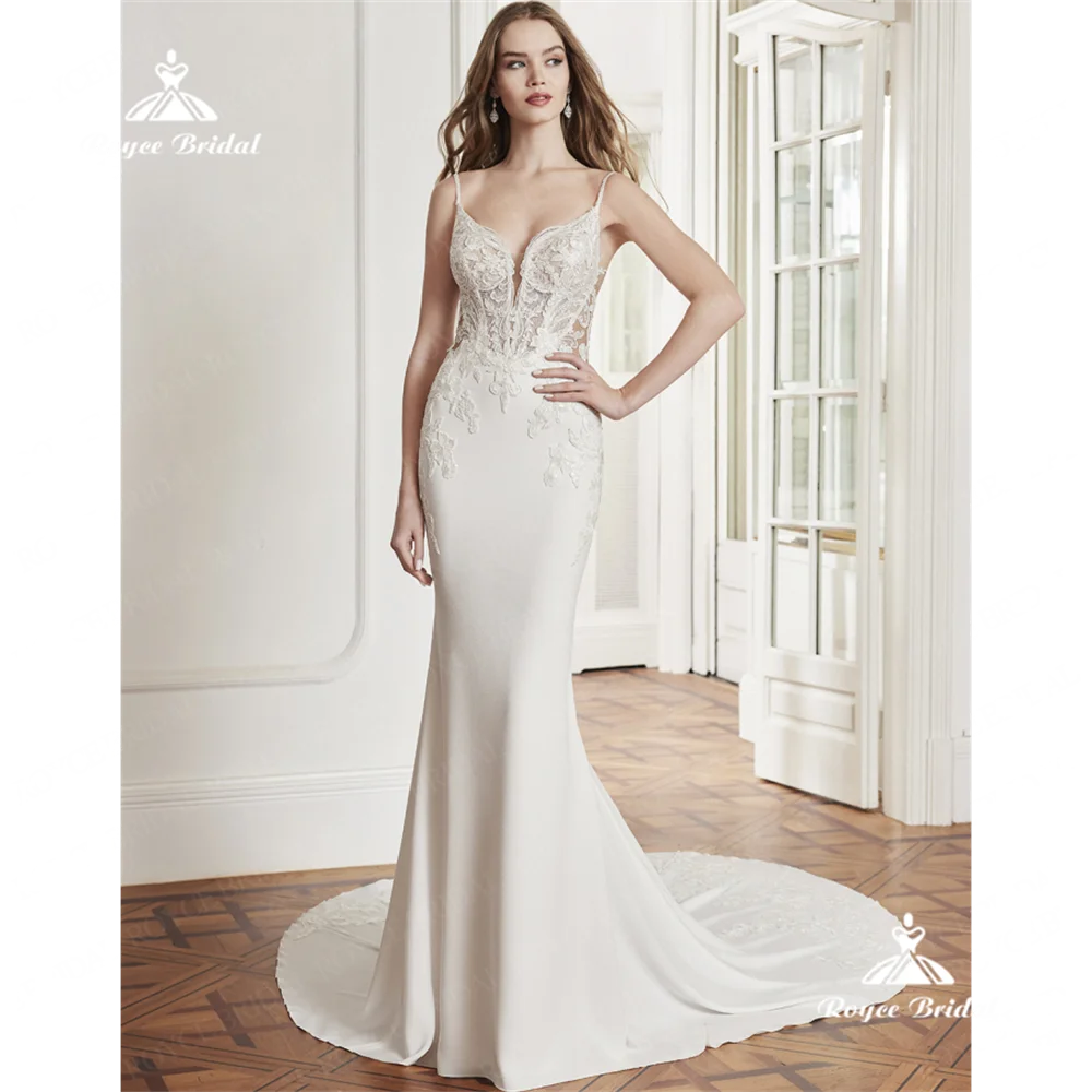 Roycebridal V넥 인어 웨딩 원피스, 2025 새틴 레이스 코트, 기차 웨딩 가운, 베스티도