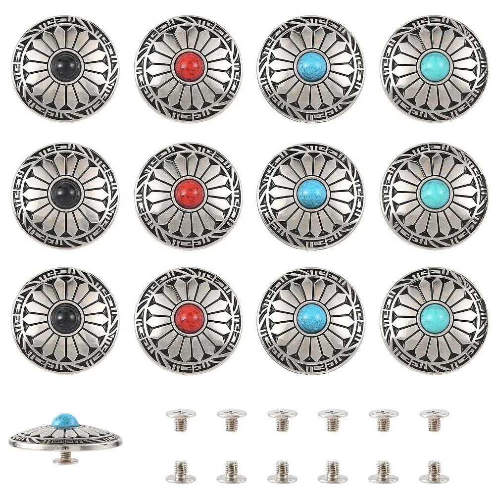 16pcs Vintage Western Concho Rivets Screw Back Synthetic Turquoise Metal Decor Rivet For Jewelry Craft Leather Belt Bag DIY