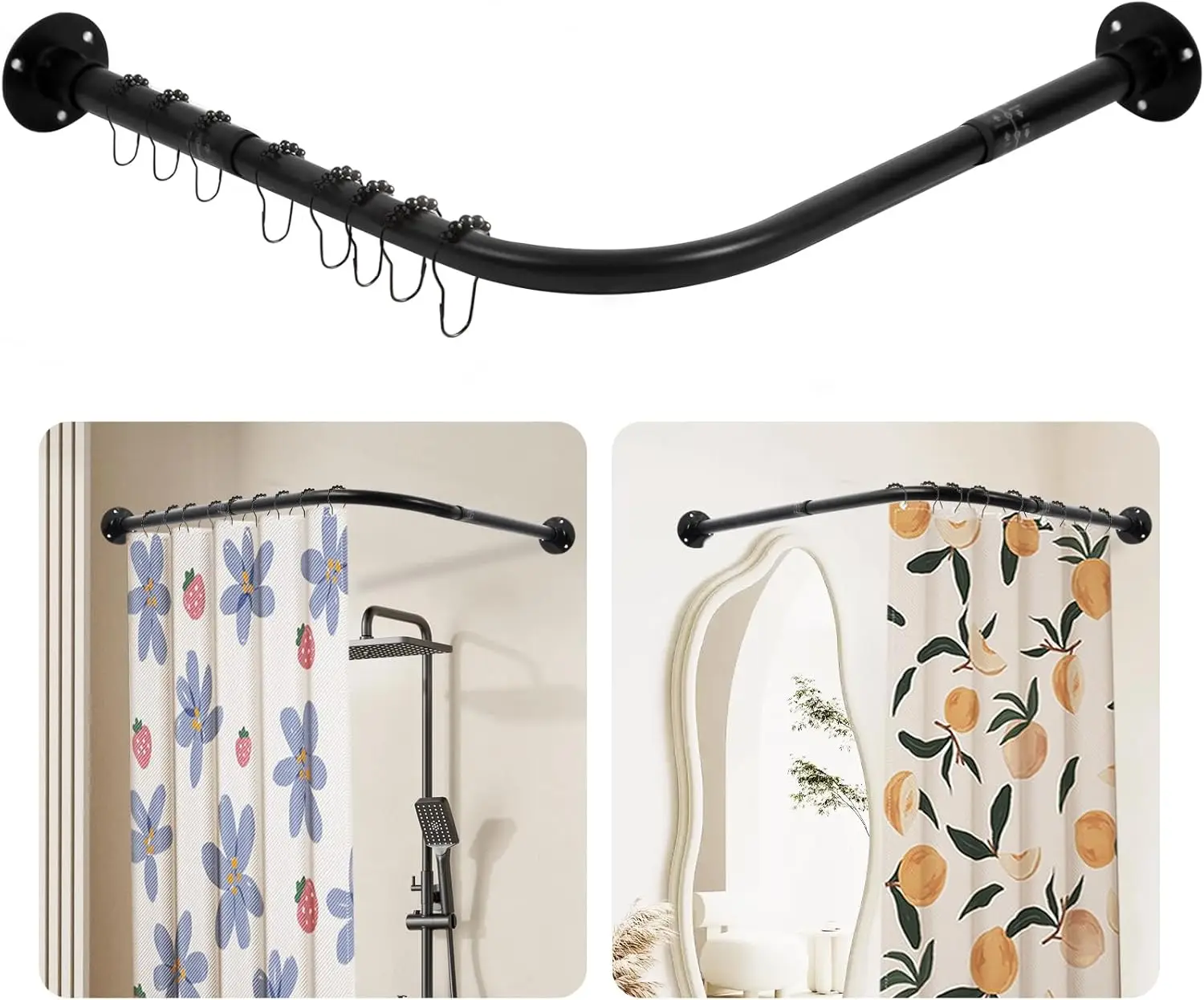 

Corner Shower Curtain Rod, [24"-53"] x [24"-53"] Adjustable L Shaped 90 Degree Black Rod With 12 Ring Hooks & Ceiling Support
