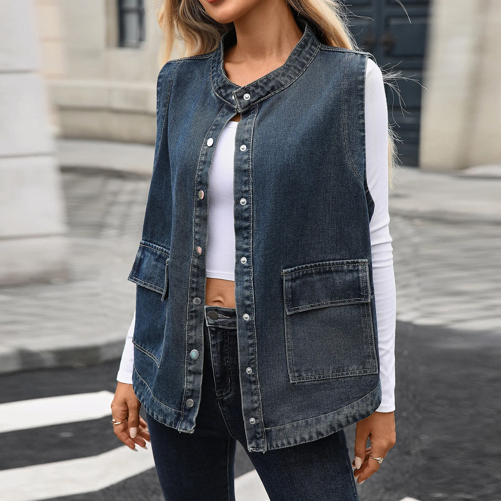 

Denim Vest Coat Women Sleeveless Jacket Washed Vintage Distressed Streetwear casual y2k Single Breasted Pockets Waistcoat autumn