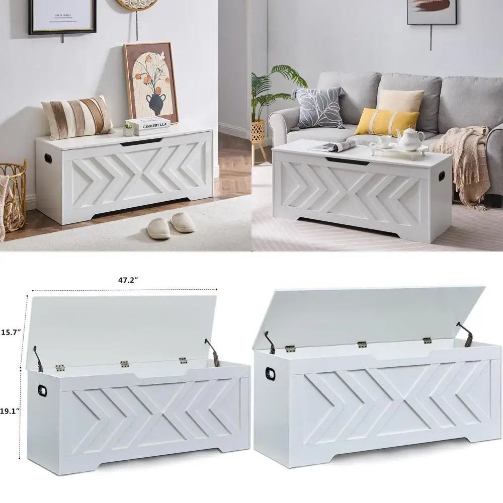 مقعد تخزين خشبي كبير مع مفصلات أمان، مثالي للمدخل وغرفة النوم وغرفة المعيشة، باللون الأبيض