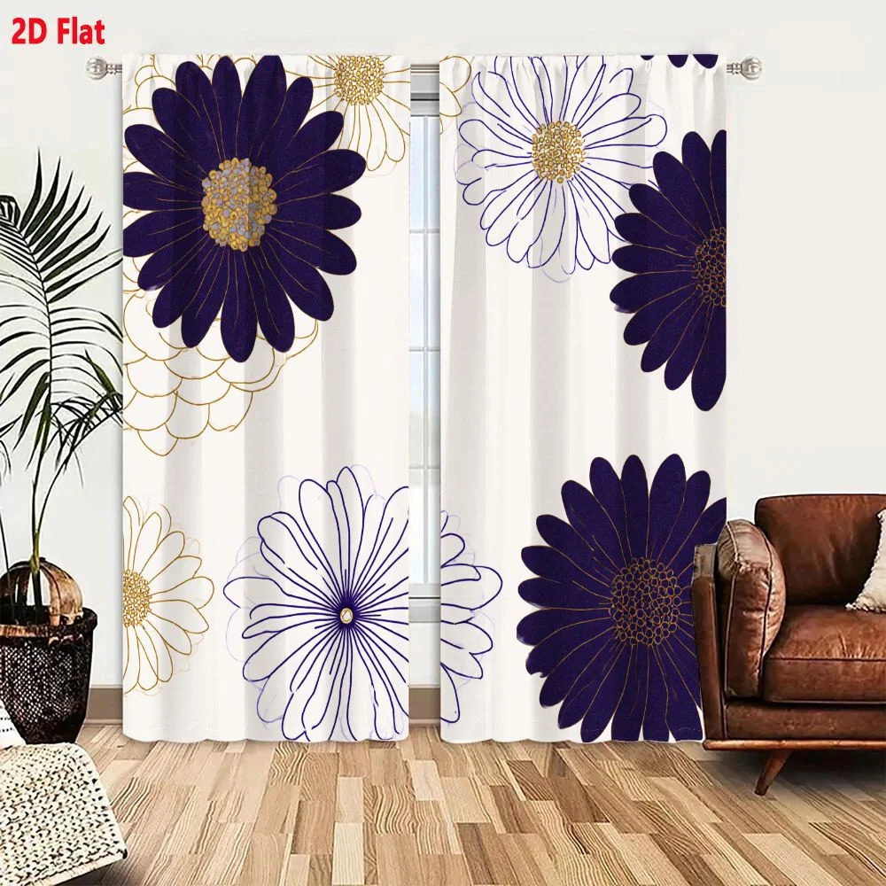 2Pcs Curtains 2D Flat Decorative Pattern Stylized Daisy-like Flowers In Dark Purple Navy Blue White Light Gold Cream On Off-whit