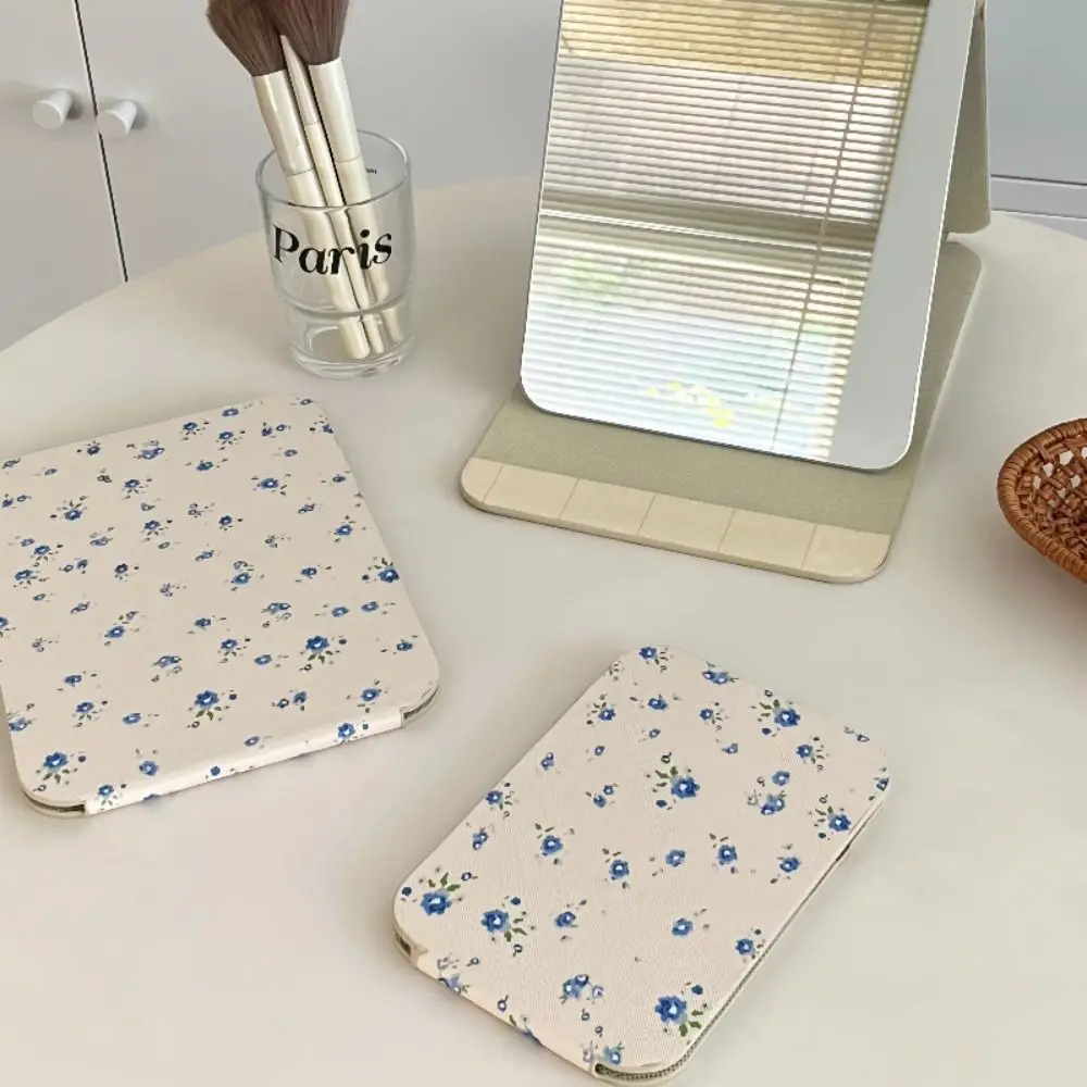 Pu Leather Desktop Stand Mirror Flower Compact Cosmetic Mirror Fold Makeup Mirror Delicate Light Weight Vanity Mirror Home Decor