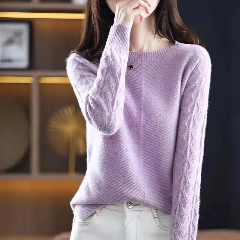 Women\'s 100% Pure Wool Cashmere Sweater O-Neck Pullover Knitted Casual Sweater Winter New Long-Sleeved Warm High-Grade Jumper