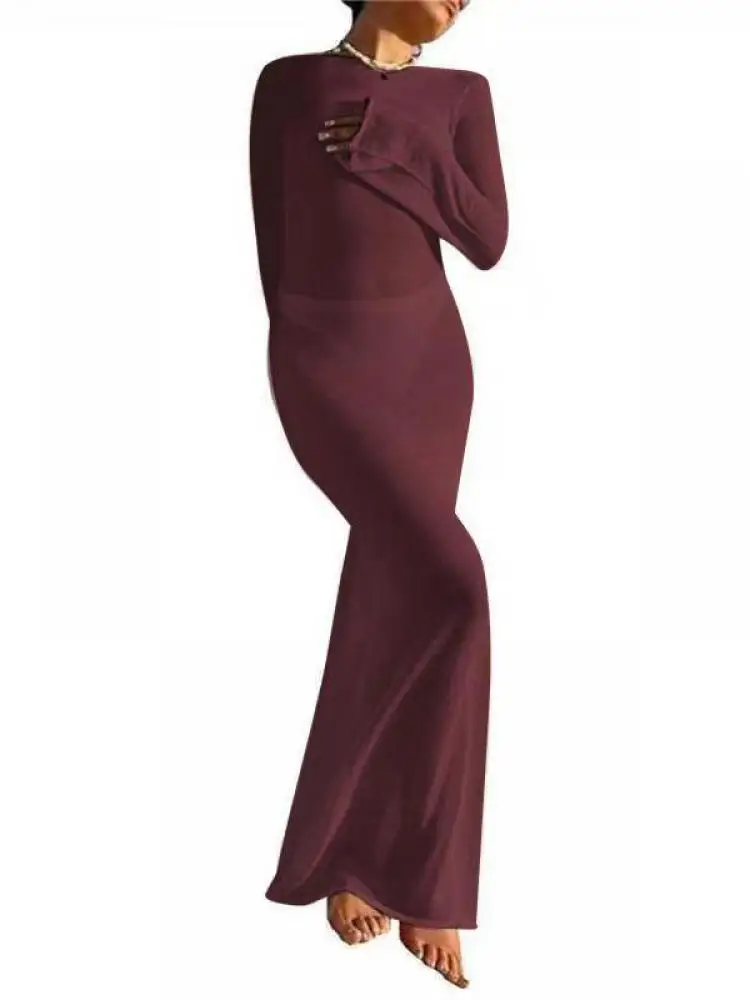 Abito da donna con scollo tondo solido elegante sexy senza schienale con lacci abito grembiule da spiaggia primavera estate abito con protezione solare a maniche lunghe Chic 2025