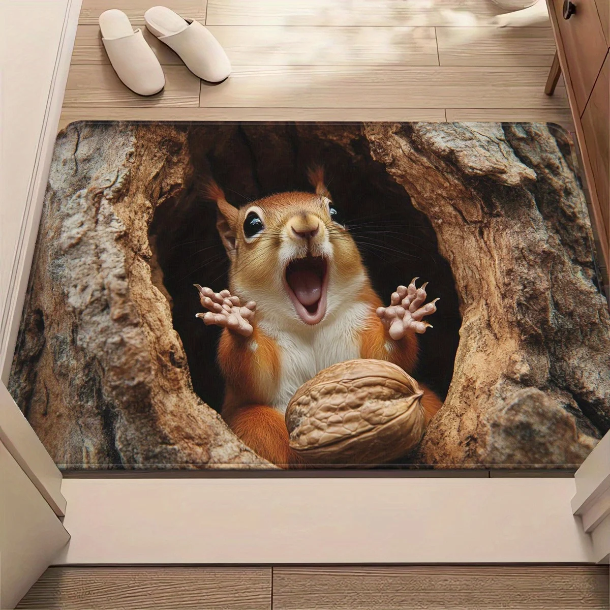 1pc Flannel Doormat, Outdoor Indoor Door Mat Souvenir and Holiday Gift, 1pc Cute Squirrel Peeking Out of Hole Doormat - Machine