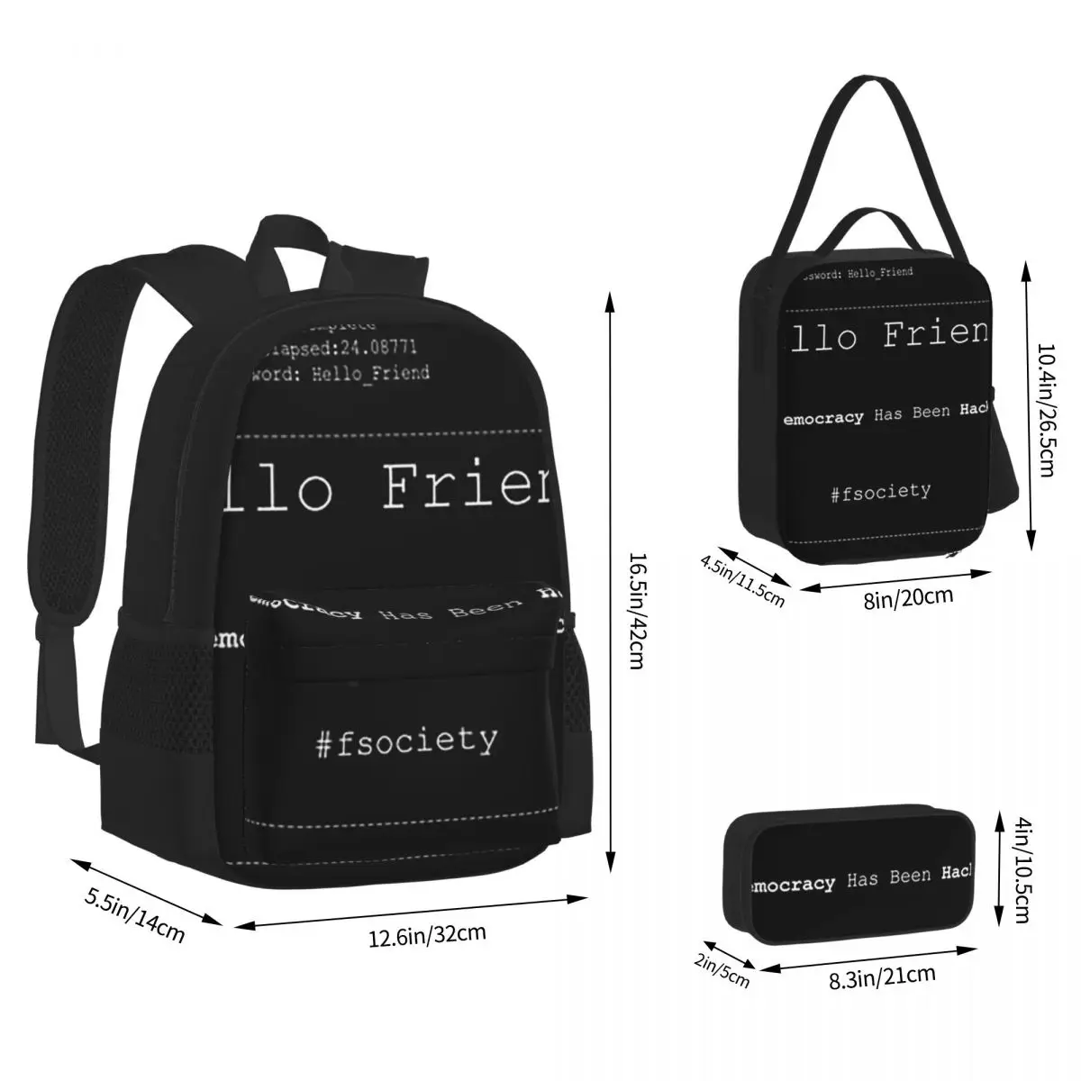 Mr Robot Hello Friend Fsociety Backpacks Boys Girls Bookbag Children School Bags Kids Rucksack Lunch Bag Pen Bag Three-Piece Set