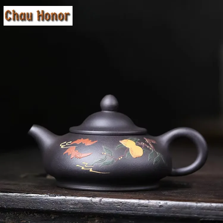 

220ml Classic Yixing Purple Clay Teapots Handmade Longevity Peach Pot Raw Ore Black Mud Tea Soaking Kettle Chinese Zisha Tea Set