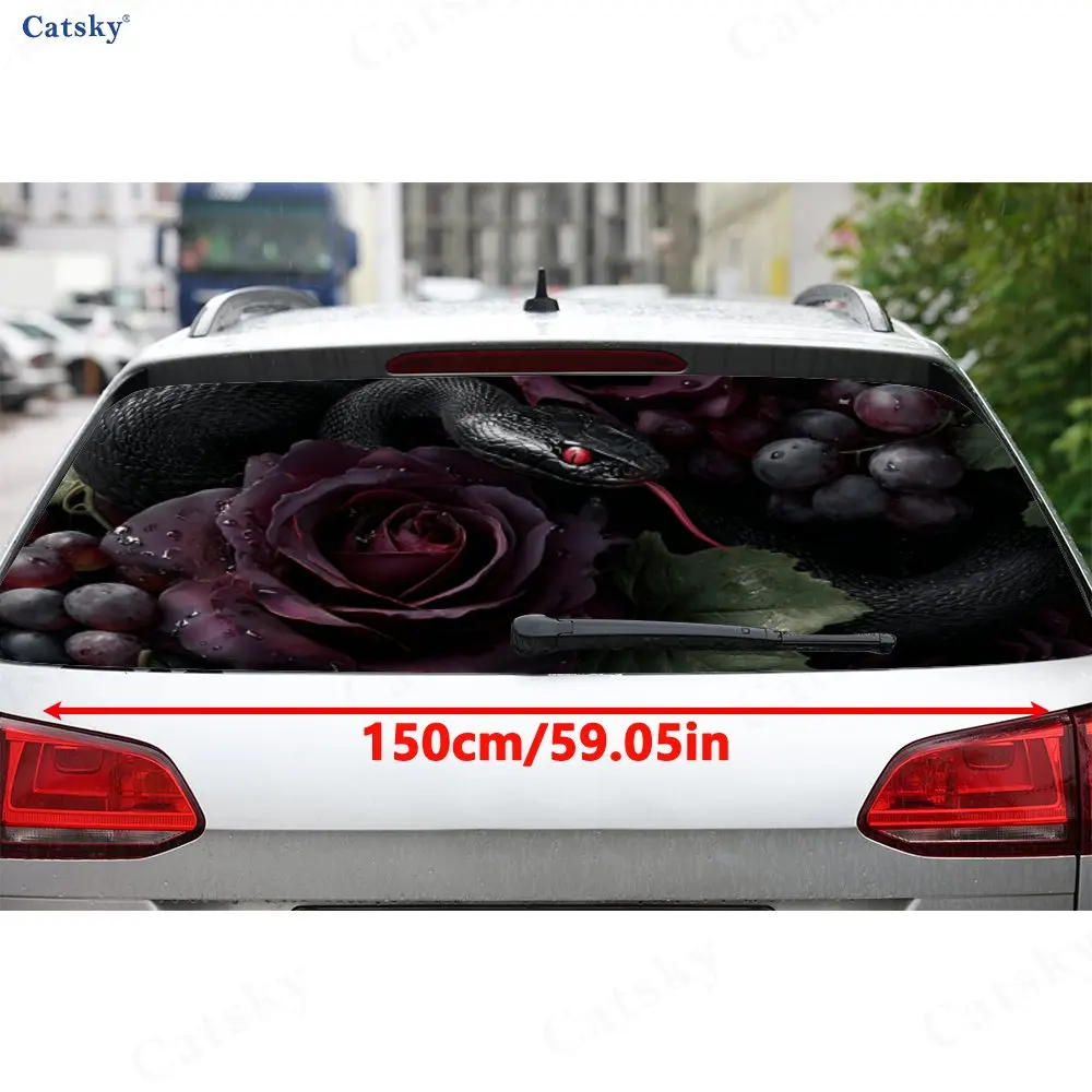 Grapes Surround Black Snake PVC Perforated Car Vinyl Wrap, Durable Car Rear Windshield Sticker, Waterproof Car Rear Window Decal