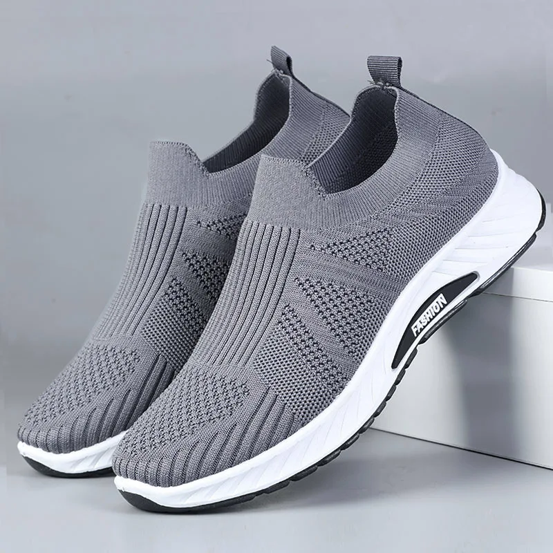 Men Breathable Knit Slip On Shoes Lightweight Cushioned Sole Round Toe Outdoor Elderly Walking Sneakers view 2
