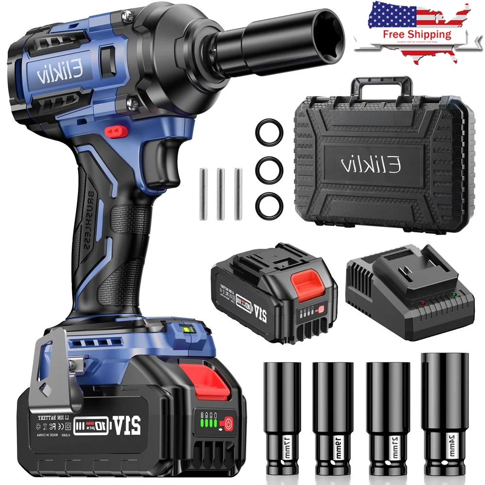 21V 3000 RPM Power Impact Wrench 1/2 inch 500Ft-lbs Max Torque Cordless Impact Gun 4 Sockets 4000mAh Battery Speed Trigger LED