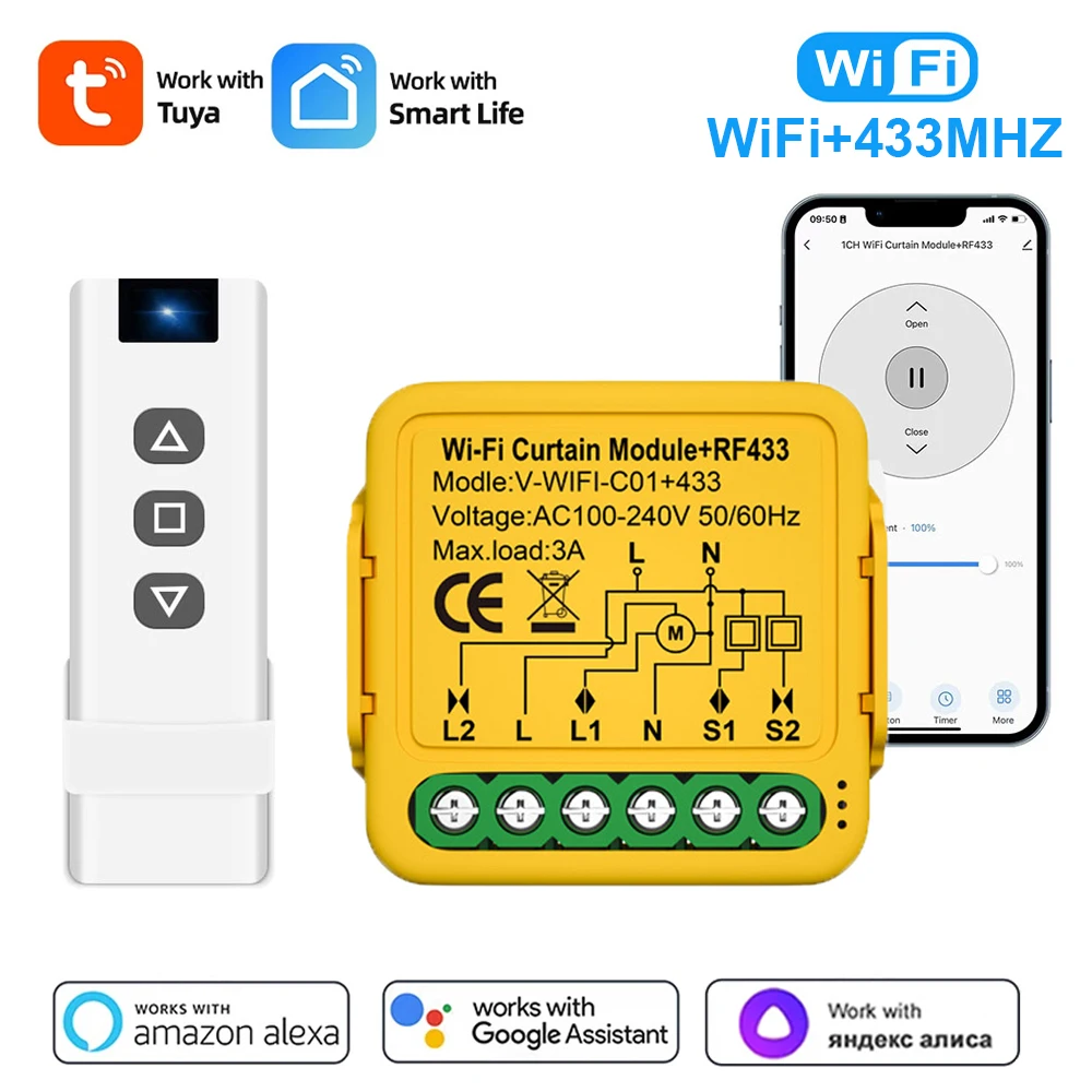 Tuya Smart WiFi RF433 Rideau Switch Tech, Volet Roulant Électrique, Moteur de Store, Commande Vocale nous-mêmes, Alexa Alice Google Home