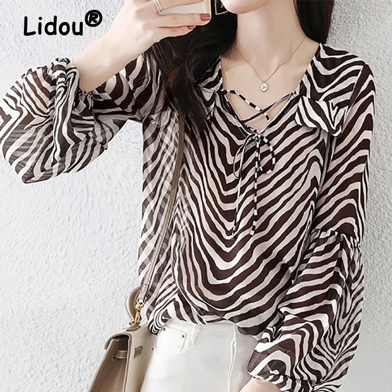 Brown Zebra Puff Sleeves Loose Chiffon Shirt Long Sleeve V-neck Blouse for Female 2022 Spring Summer Elegant Casual Clothing