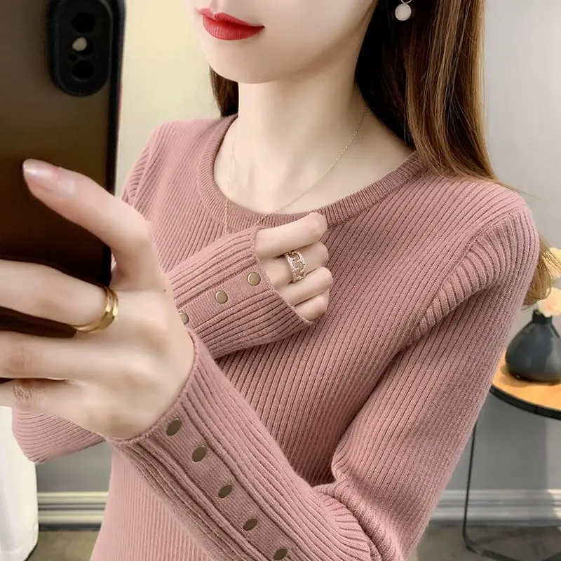 Korean Fashion Sping Sweaters Bottoming Shirt Women's Solid O-Neck Rivet Simplicity Elegant Long Sleeve Pullovers Knitted Tops