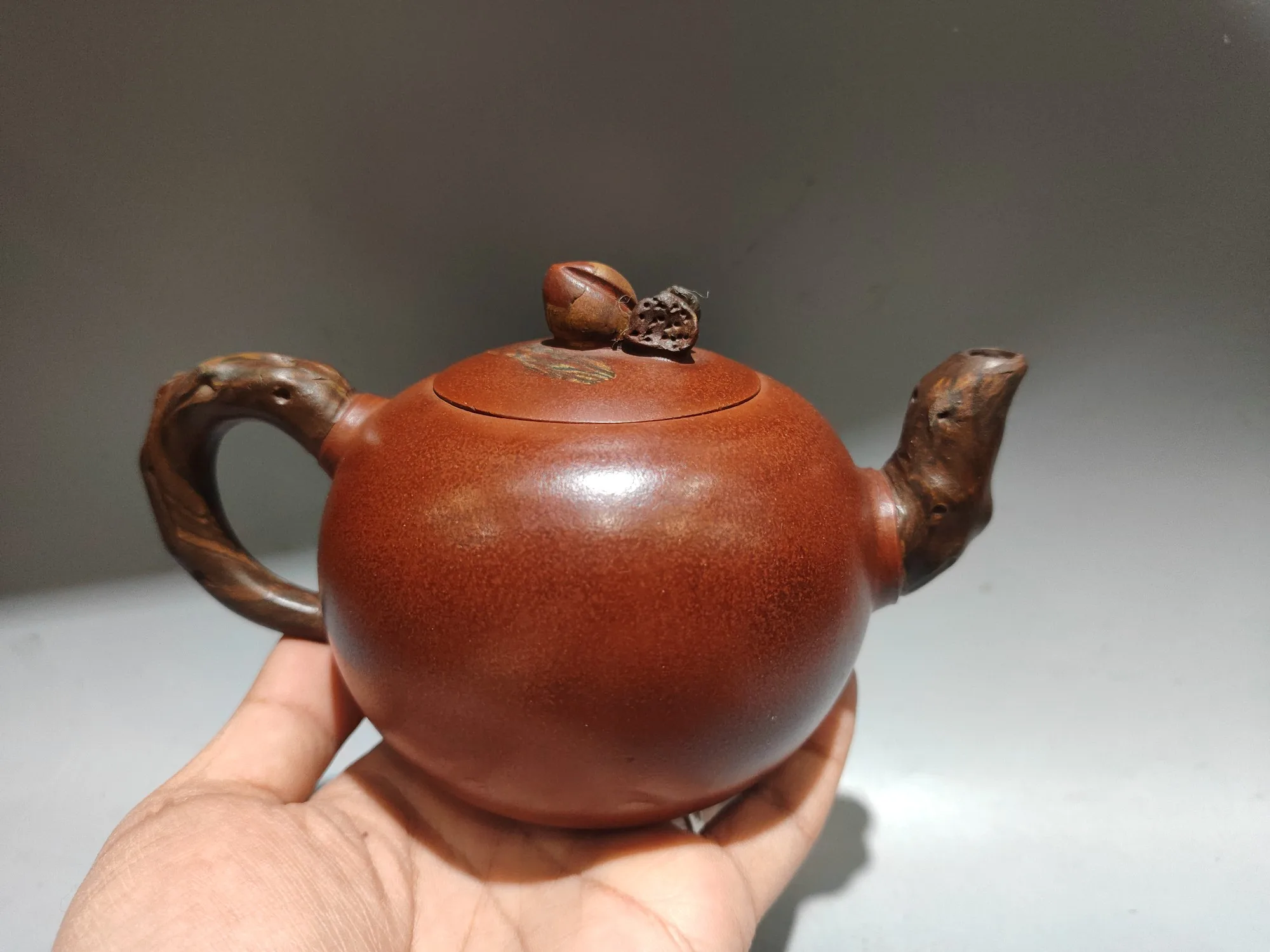 

7"Chinese Yixing Purple Clay Teapot Peach Cover Tree Root Colored Pot Antique teapot Tea Charm Kettle Teapot Flagon