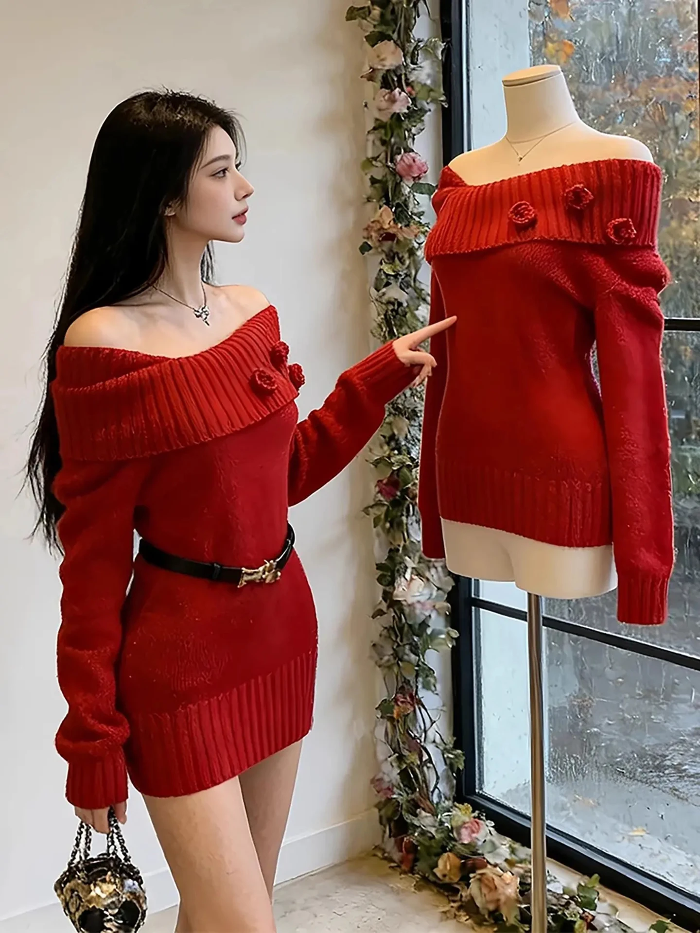 

Новогодняя женская зимняя теплая юбка-футляр с объемной розой и одним открытым плечом, короткая, с эффектом утяжки, для вечеринок