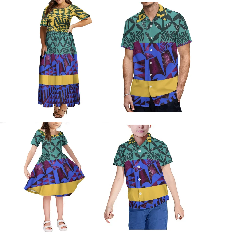 Conjunto familiar elegante de la isla polinesia, vestido de verano de manga corta con cuello redondo y camisa Aloha para hombre