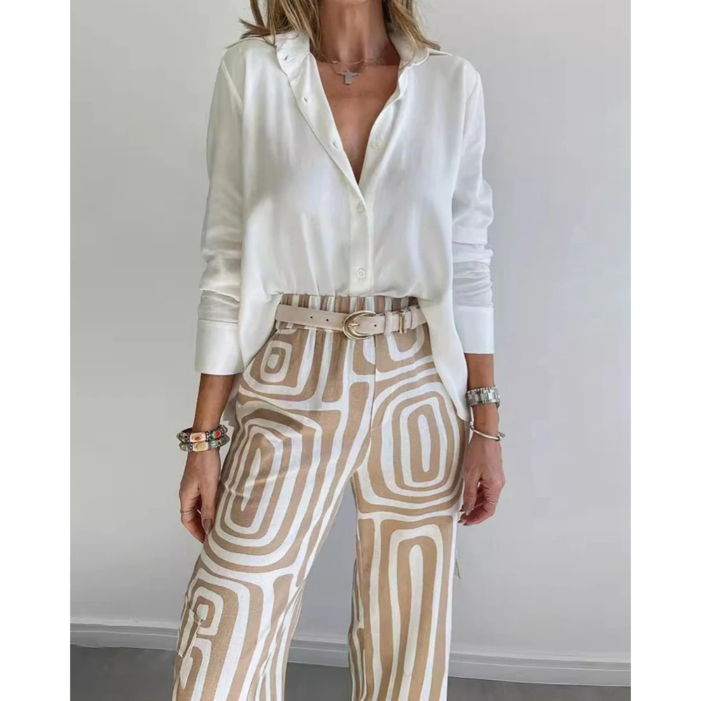 

2024 Autumn Women Long Sleeve Solid Turn-down Collar Top & Abstract Print Pants Set Female Top 2 Pieces Suit Sets Casual