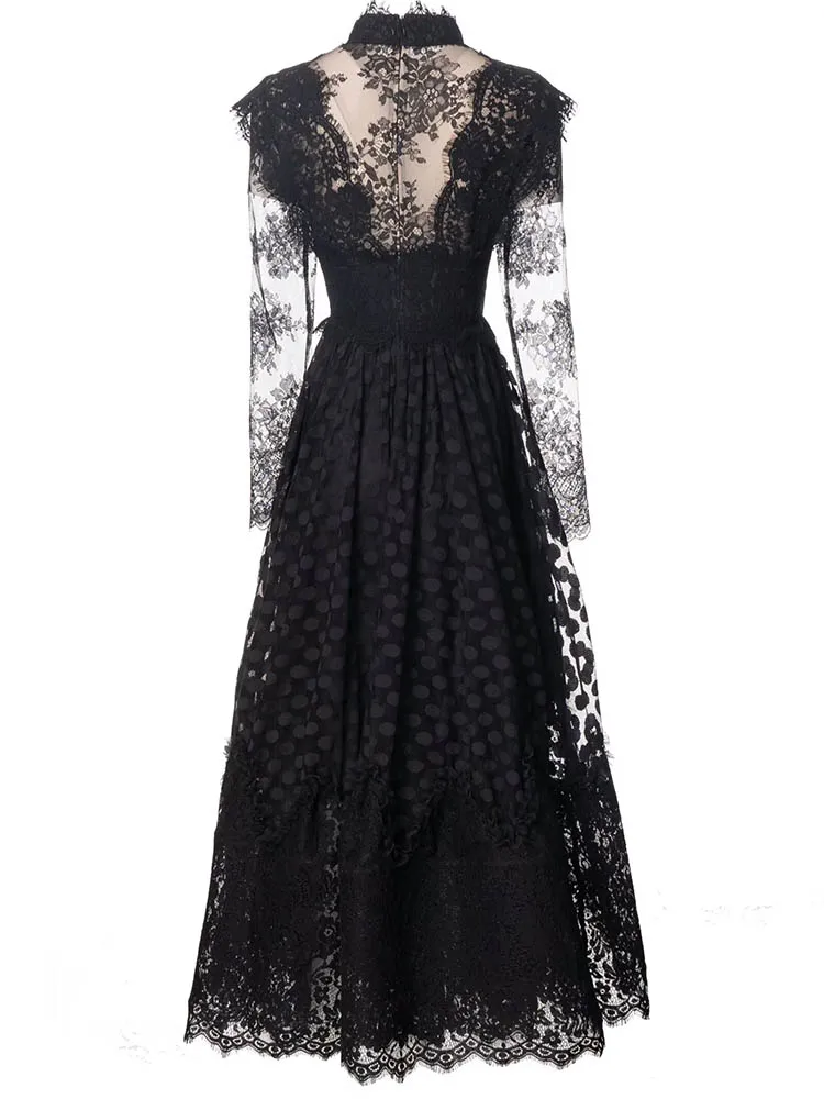 Women\'s Long Sleeve Patchwork Lace Evening Dress, Runway  Black Color, Stand Collar, High Street Slims, Party, Autumn Fashion