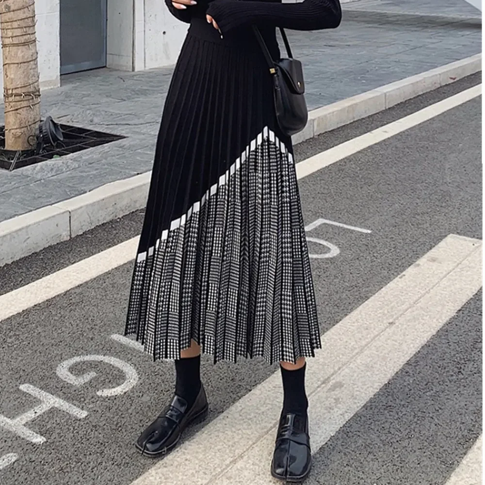 

2023 Winter Women's New High Fashion Houndstooth Midi Skirt Female High Waist Pleated Knitted Thick Black Warm Skirts F14