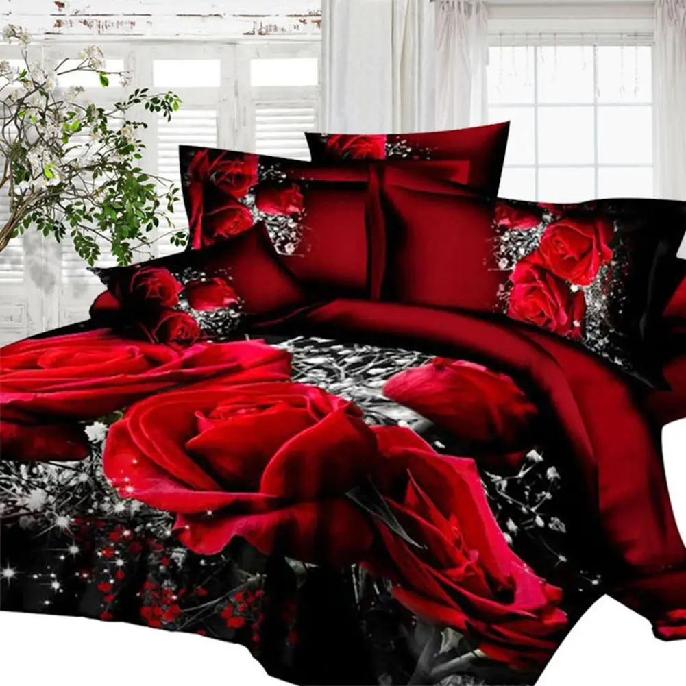 4 PCS 3D Big Red Rose Floral Bedding Sets Wedding Duvet Cover Sheet Pillow Cases Bed Set