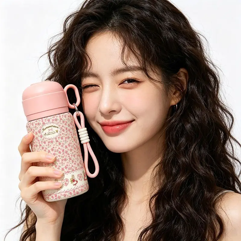 Cute Marron Cream Thermos Cup Japanese Anime Cartoon Rabbit Double Lid Heat and Cold Preservation Straw Water Cup Friend's Gift
