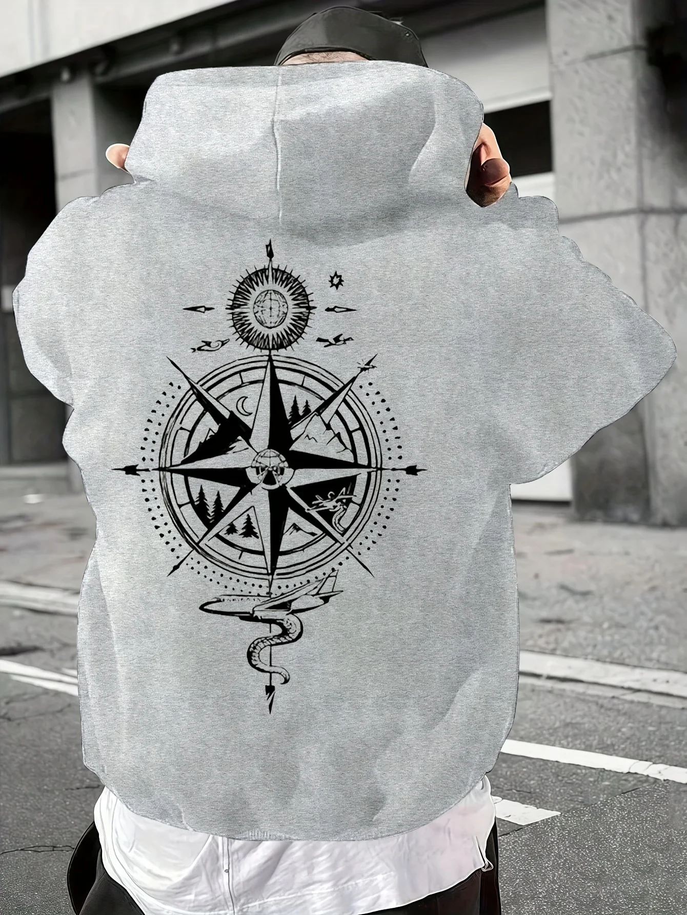 Retro Traveler Men's Hooded Sweatshirt with Composite Compass Art Pattern on Back Print - Warm Autumn and Winter Top