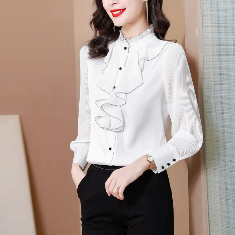 Spring New 2023 Fashion Casual Solid Color Long Sleeve Button Spliced Single-breasted Ruffles Simplicity Commute Women\'s Shirt