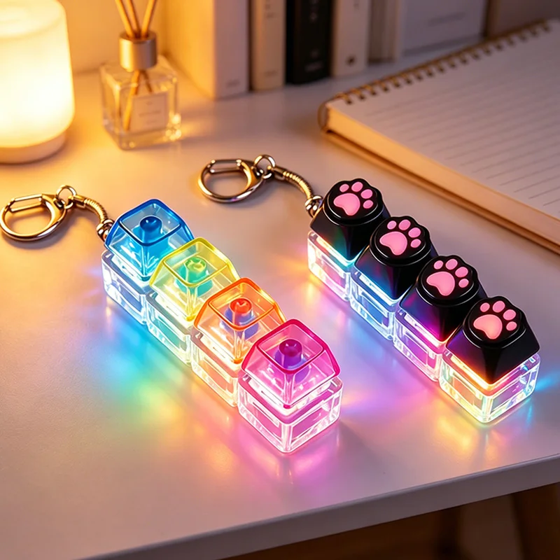 Fun!HOT 4-Key LED Light Up Keychain Fidget Toy Keyboard Design Stress Anxiety Relief Office Desk Decor Birthday Christmas Gifts