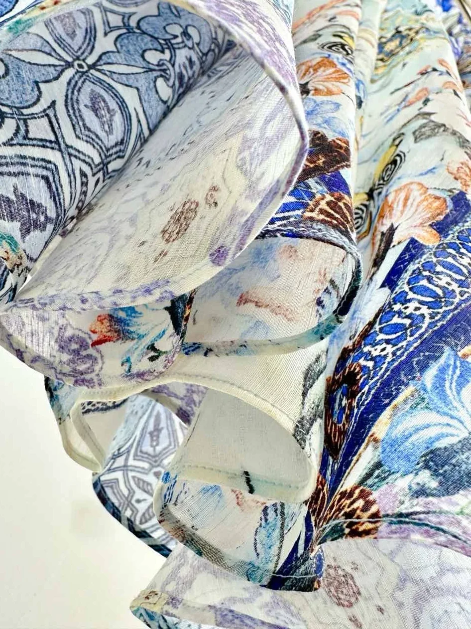 Bloemenprint Dames Zijden Linnen Mini-jurk Zware Kralen Kruis V-hals Bladerdeeg Mouw Hoge Taille Mode Dames Korte Gewaad