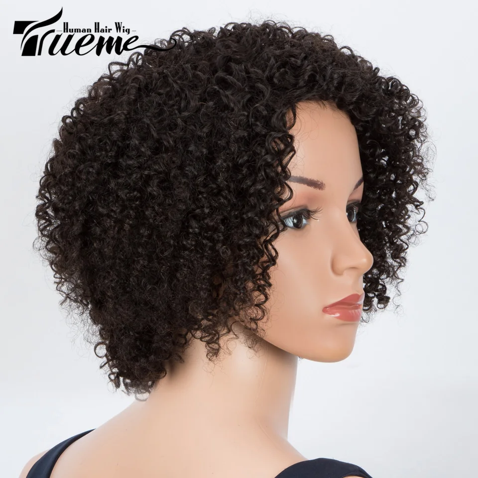 Trueme-Perruque Bob Brésilienne Naturelle avec Frange, Cheveux Crépus Bouclés, Noirs, Ombrés, Balayage Brun, 180% de Densité, pour Femme