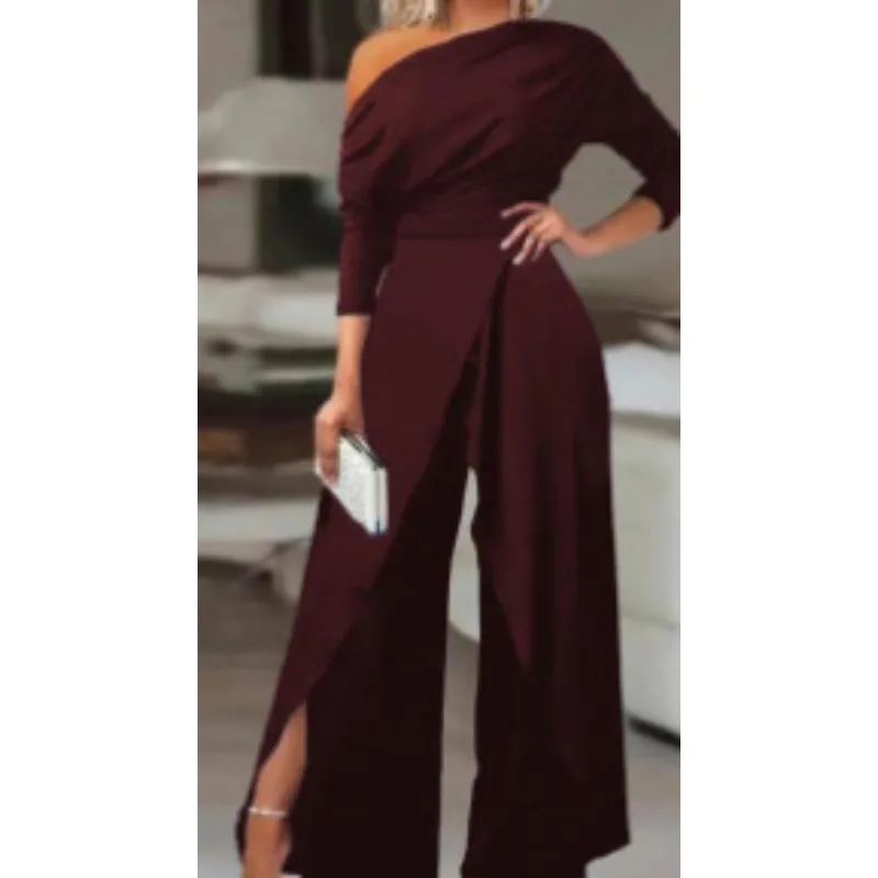 New Women's Shoulder Party Jumpsuit Spring Summer Long Sleeve Straight Nine-Point Pants Elegant Female Casual Sports Jumpsuit